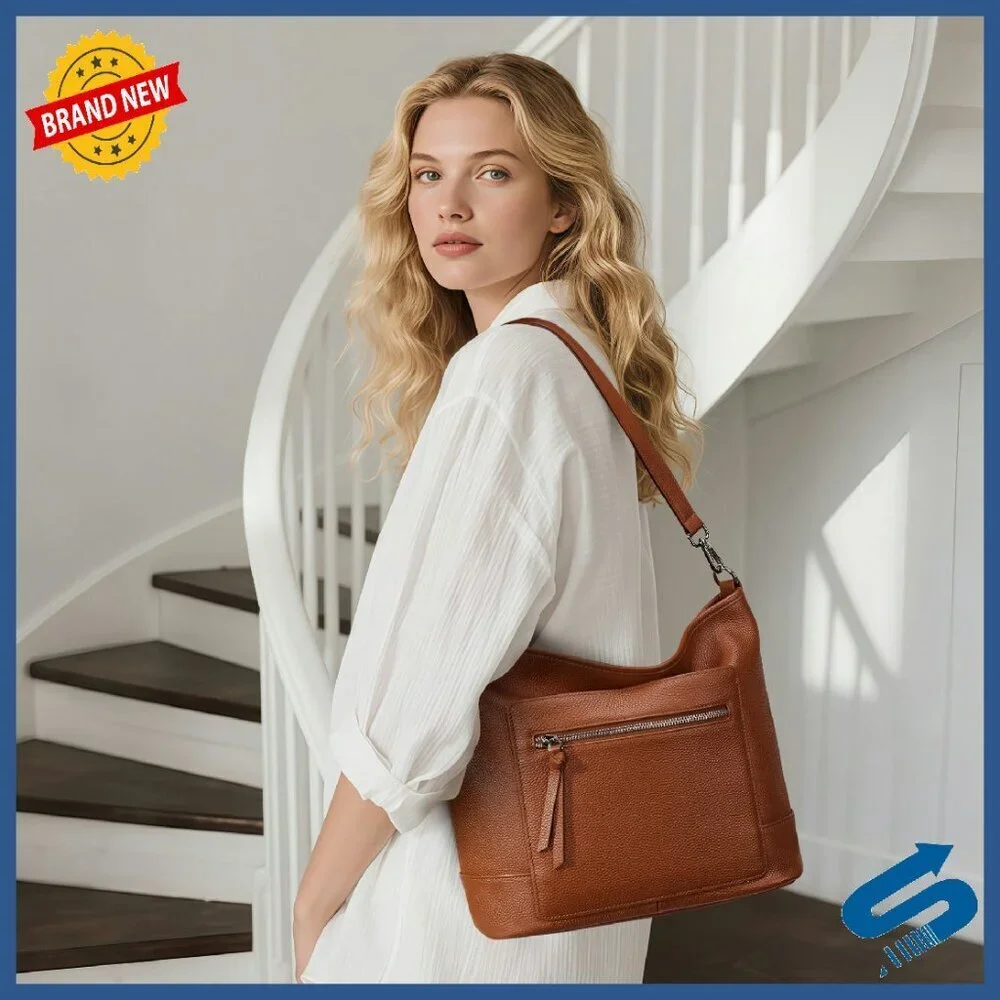 Large Genuine Leather Hobo Bag with Multiple Pockets, Crossbody Shoulder Handbag